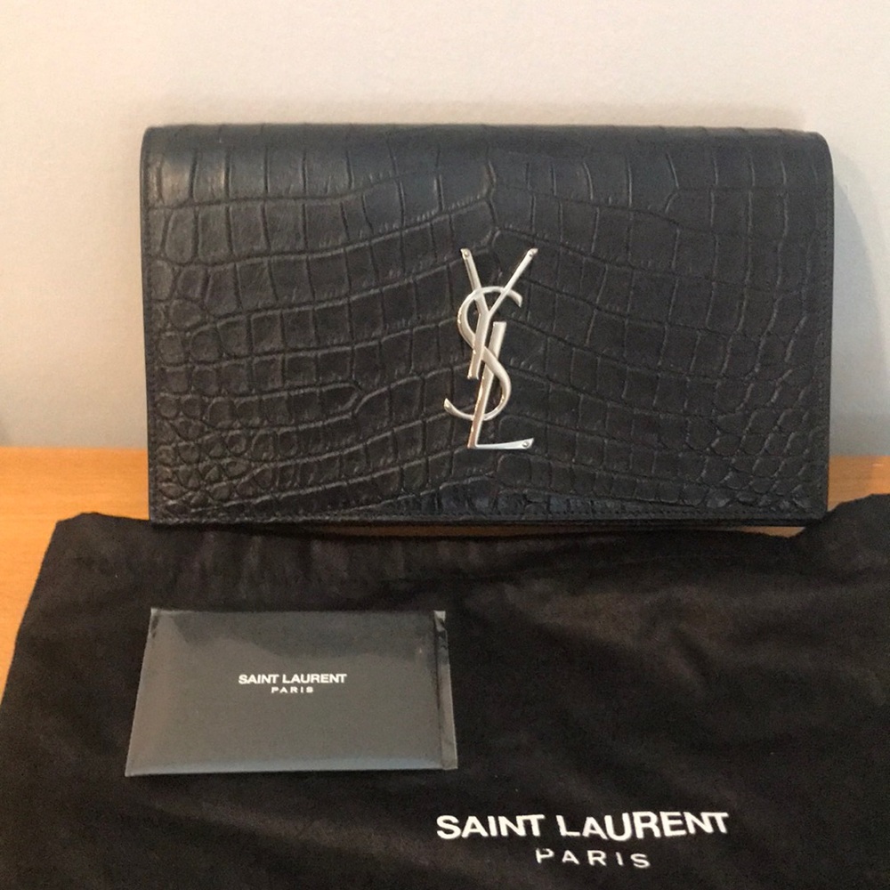 Authentic YSL crocodile embossed black clutch bag